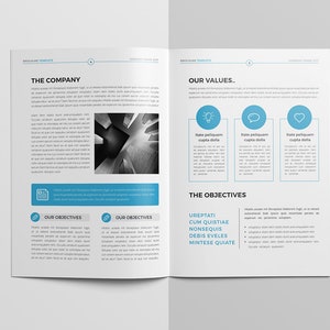 May include: A brochure template with a blue and white color scheme. The text on the page includes "The Company", "Our Values", "Our Objectives", and "The Objectives".