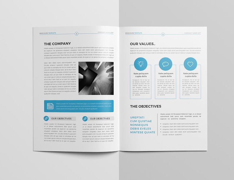 May include: A brochure template with a blue and white color scheme. The text on the page includes "The Company", "Our Values", "Our Objectives", and "The Objectives".