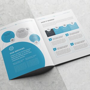 May include: A brochure with a blue and white color scheme. The brochure features a diagram of a gear with three circles around it. The circles are labeled "Take participation", "Data collection", and "Website analytics". The brochure also includes a section titled "Our Services" and a section titled "How It Works?" with four steps.