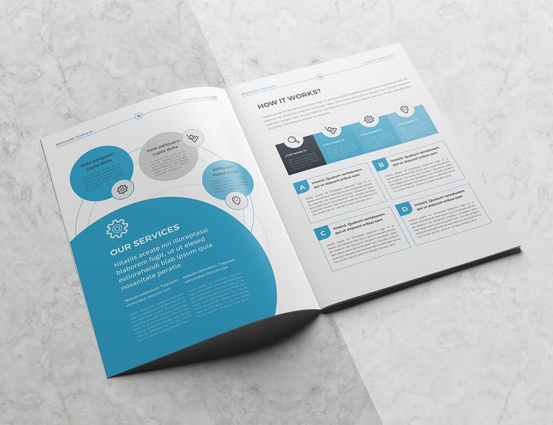 May include: A brochure with a blue and white color scheme. The brochure features a diagram of a gear with three circles around it. The circles are labeled "Take participation", "Data collection", and "Website analytics". The brochure also includes a section titled "Our Services" and a section titled "How It Works?" with four steps.