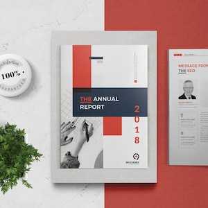 Può includere: Una copertina di rapporto annuale bianca e rossa con il testo "THE ANNUAL REPORT 2018" e una foto in bianco e nero di mani che scrivono su una griglia.