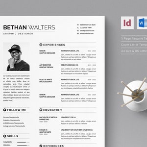 Minimal Clean Resume Template, CV Resume and Cover Letter, Professional Executive Resume Template for WORD & INDESIGN.