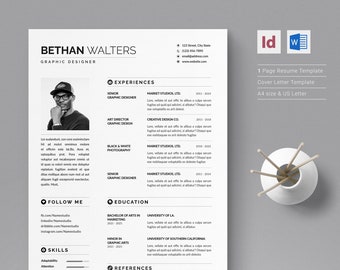 Op de afbeelding: Een zwart-wit cv-sjabloon met een foto van een man die een zwarte pet en een bril draagt. Het cv bevat de naam van de persoon, de functie, de contactgegevens, de werkervaring, de opleiding, de vaardigheden en de referenties.