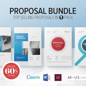 May include: A bundle of four proposal templates for business projects. The templates feature different layouts with blue and red accents. The text "PROPOSAL BUNDLE" is at the top of the image. The text "TOP SELLING PROPOSALS IN 1 PACK" is below the title. The text "SPECIAL 60% OFFER" is in a red circle at the bottom left of the image. The text "Canva w Id A4 + U.S Letter Size" is at the bottom right of the image.