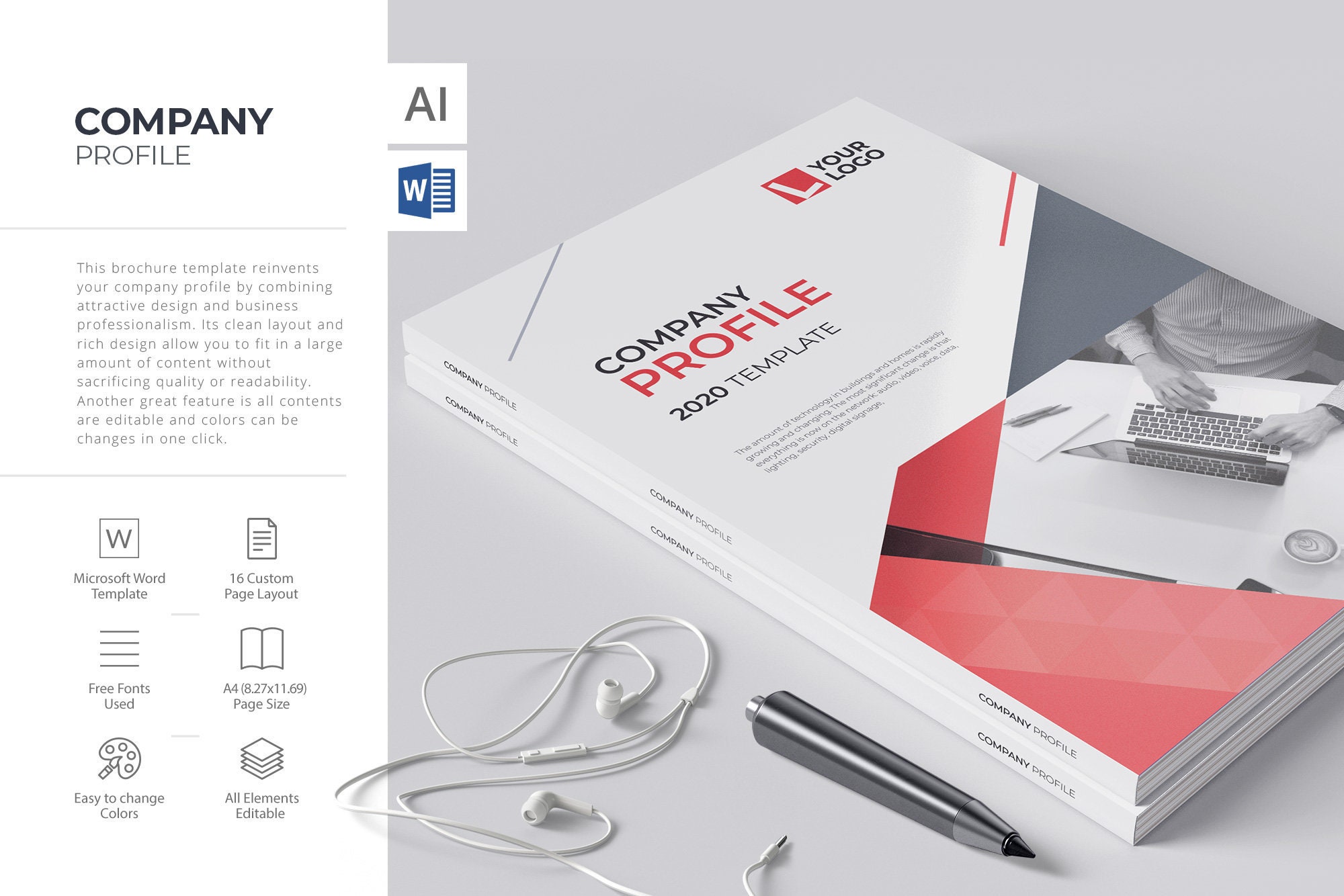 Company Profile 23, fully editable word template, 23 rich pages layout. Inside Free Business Profile Template Word