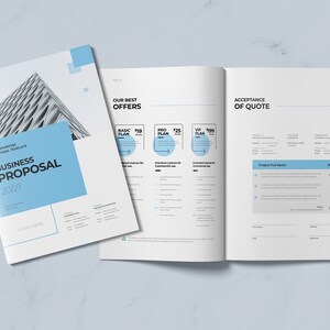 May include: A business proposal brochure with a modern design. The cover features a black and white photo of a building. The brochure includes a section titled "Our Best Offers" with pricing plans for "Basic Plan", "Pro Plan", and "VIP Plan". The brochure also includes a section titled "Acceptance of Quote" with a table for listing project costs.