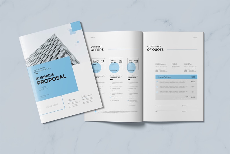 May include: A business proposal brochure with a modern design. The cover features a black and white photo of a building. The brochure includes a section titled "Our Best Offers" with pricing plans for "Basic Plan", "Pro Plan", and "VIP Plan". The brochure also includes a section titled "Acceptance of Quote" with a table for listing project costs.