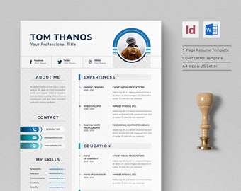Resume CV Template, One Page Resume and Cover Letter, Professional Executive Resume Template for WORD & INDESIGN.