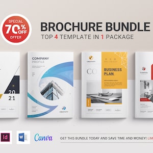 Peut inclure: Un lot de brochures comprenant quatre modèles différents : le rapport annuel, le profil de l’entreprise, le plan d’affaires et la proposition de projet. Le lot est disponible avec une réduction de 70 %. Les modèles sont conçus dans un style moderne avec des formes géométriques et des couleurs vives.