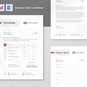 Puede incluir: Un documento blanco con un logotipo rojo y blanco que dice "YOUR BRAND" y la palabra "Estimate" en un círculo rojo. El documento incluye una tabla con una lista de servicios y sus precios. El documento también incluye una sección para los términos y condiciones. El documento es para un resumen del proyecto.