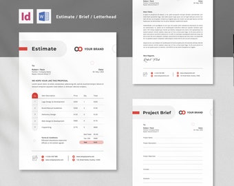 Può includere: Un documento bianco con un logo rosso e bianco che dice "YOUR BRAND" e la parola "Estimate" in un cerchio rosso. Il documento include una tabella con un elenco di servizi e i loro prezzi. Il documento include anche una sezione per i termini e le condizioni. Il documento è per un brief di progetto.