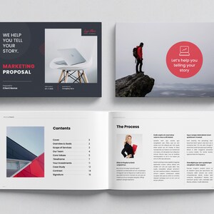 May include: A marketing proposal brochure with a red and black color scheme. The cover features a laptop on a chair and the text "We help you tell your story. Marketing Proposal". The inside pages feature a table of contents and a section titled "The Process".