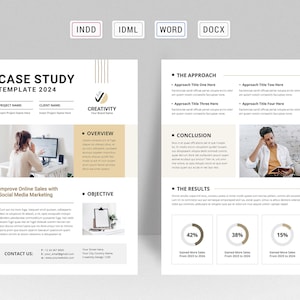 May include: A case study template with a white background and gold accents. The template includes sections for project name, client name, overview, objective, the approach, conclusion, and the results. The template also includes a logo for a company called "Creativity".