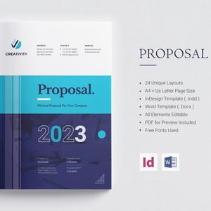 May include: A blue and white proposal template with the text "Proposal" and "2023" in a modern font. The template is designed for use with Adobe InDesign and Microsoft Word. The template includes 24 unique layouts and is available in A4 and US Letter page sizes.