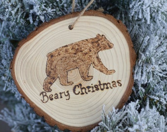 Bear Christmas Ornament- Wildlife Lover- Rustic Tree Decor- Wood Slice Gift