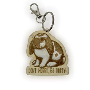 Don’t Worry, Be Hoppy! Wooden Bunny Keychain – Laser Engraved Rabbit Gift, Cute Animal Keychain for Bunny Lovers