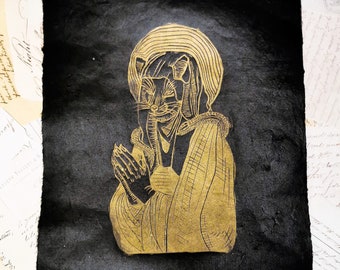 Goldener Mittelalterlicher Betender Fuchs Religiöser Gothic Linoldruck