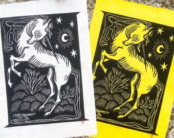 Medieval Unicorn handmade linocut print
