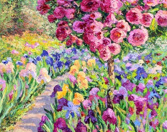 Original Rose Tree Oil Painting, Textured Iris Garden Canvas, Impressionist Floral Wall Art