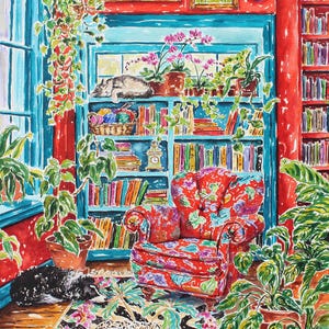 Schnurrhaare Und Wolle, Ein Giclée-Druck meines Aquarells von einem Border Collie und einer Katze in einem Entzückenden, Einladenden Türkisen und Roten Interieur