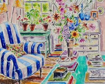Delightful Escape, A Limited Edition Giclee print Of My Watercolor Painting Of A Blue Striped Chair And A Large Bouquet Of Flowers