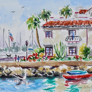 Vista dal Grand Canal, Balboa Island Dipinto originale ad acquerello e inchiostro di Balboa Island Newport Beach, California