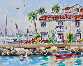 Acuarela original de la isla Balboa, Newport Beach, California