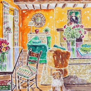 Puede incluir: Pintura a la acuarela de un interior soleado con paredes naranjas, muebles verdes y un perro. La habitaci&oacute;n cuenta con una mesa, sillas y objetos decorativos. Un retrato cuelga de la pared y hay flores en jarrones. El estilo evoca un hogar acogedor.