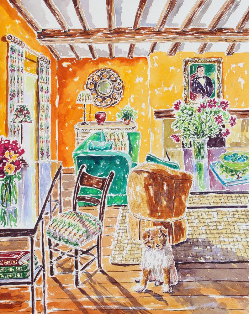 Puede incluir: Pintura a la acuarela de un interior soleado con paredes naranjas, muebles verdes y un perro. La habitaci&oacute;n cuenta con una mesa, sillas y objetos decorativos. Un retrato cuelga de la pared y hay flores en jarrones. El estilo evoca un hogar acogedor.