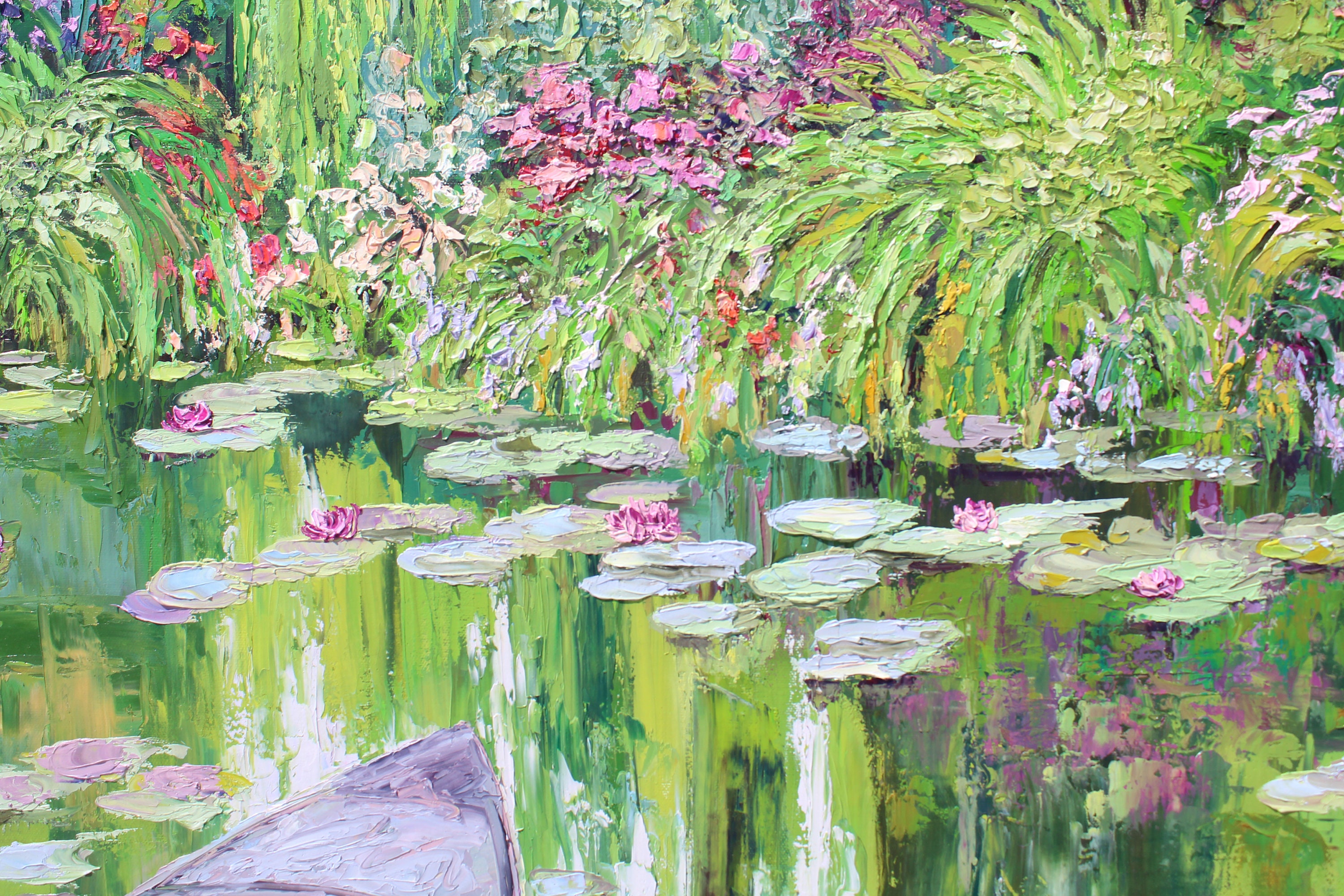 モネの庭のオリジナル油絵、睡蓮、ノルウェーのボート、現代風景
