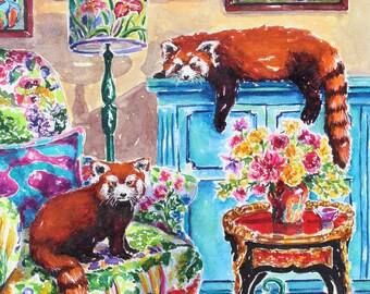 Habitación de la Buena Suerte: Pintura original en acuarela de pandas rojos y decoración de inspiración asiática