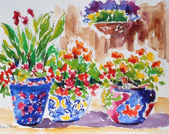 Mexican Flower Garden, An Original Watercolor Painting Of Colorful Mexican Flower Pots Filled With Flowering Plants And A Little Bird