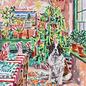 Puede incluir: Pintura a la acuarela de una escena navide&ntilde;a festiva. Un &aacute;rbol decorado se alza detr&aacute;s de un perro San Bernardo. La habitaci&oacute;n presenta una mesa puesta para una comida festiva, calcetines y regalos. La pintura tiene un ambiente c&aacute;lido.
