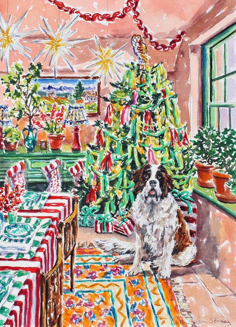 Puede incluir: Pintura a la acuarela de una escena navide&ntilde;a festiva. Un &aacute;rbol decorado se alza detr&aacute;s de un perro San Bernardo. La habitaci&oacute;n presenta una mesa puesta para una comida festiva, calcetines y regalos. La pintura tiene un ambiente c&aacute;lido.
