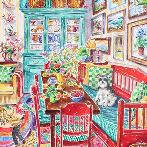Puede incluir: Pintura a la acuarela de un comedor con una mesa puesta para una comida. Un perro est&aacute; sentado en un banco rojo con cojines verdes. La habitaci&oacute;n cuenta con un armario turquesa, obras de arte enmarcadas y una alfombra colorida.