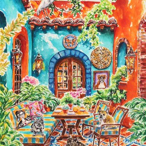 Encargue un retrato de mascota, una pintura de acuarela original de su mascota en un entorno de habitación colorido. imagen 6