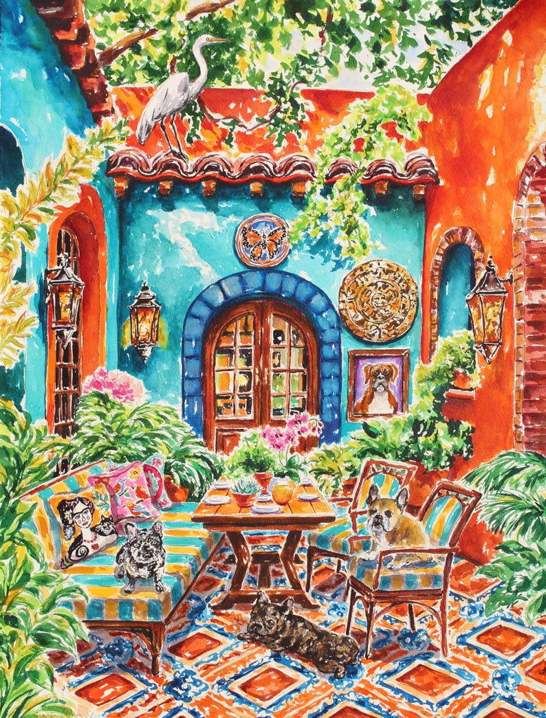 Encargue un retrato de mascota, una pintura de acuarela original de su mascota en un entorno de habitación colorido. imagen 6