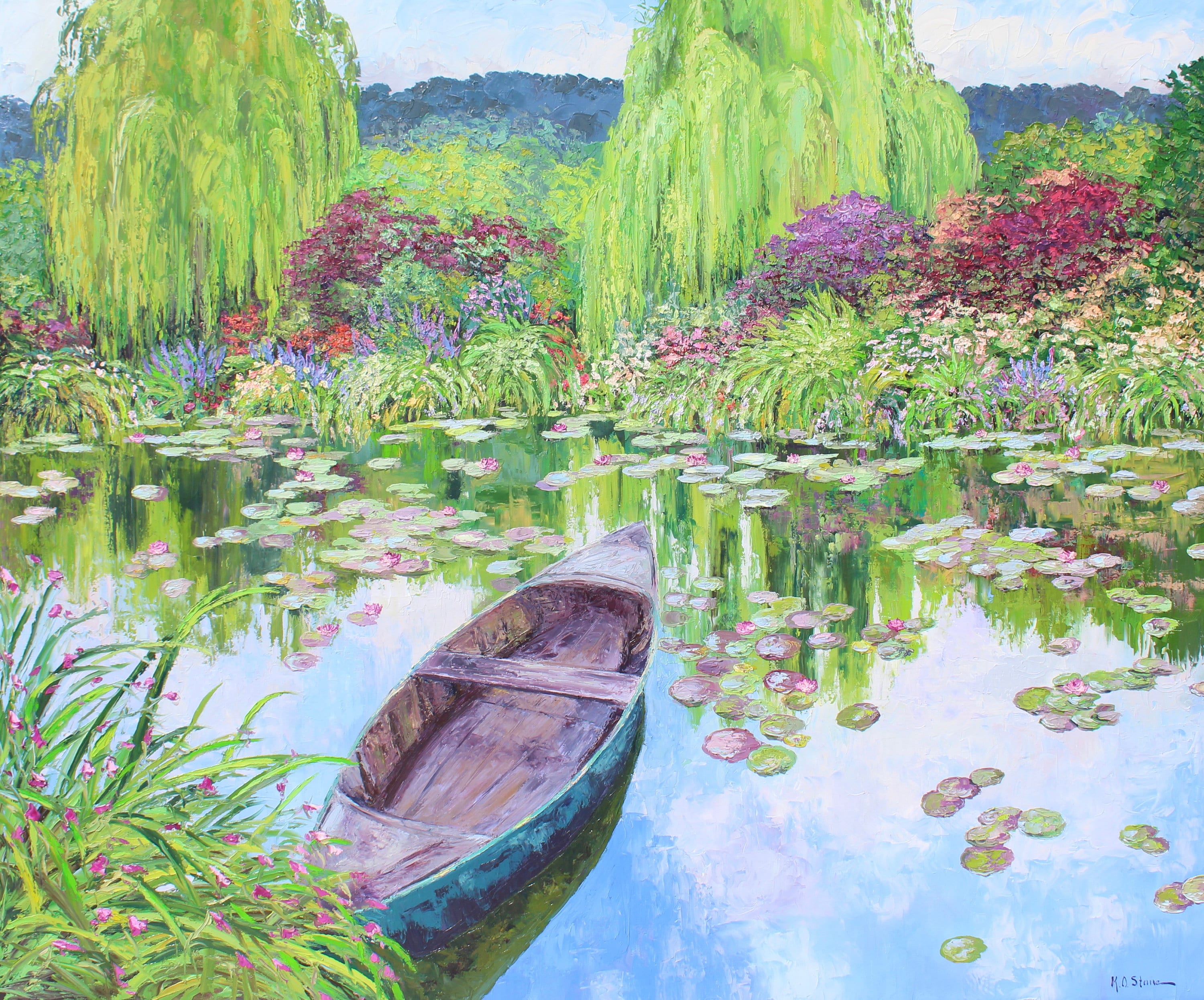 モネの庭のオリジナル油絵、睡蓮、ノルウェーのボート、現代風景