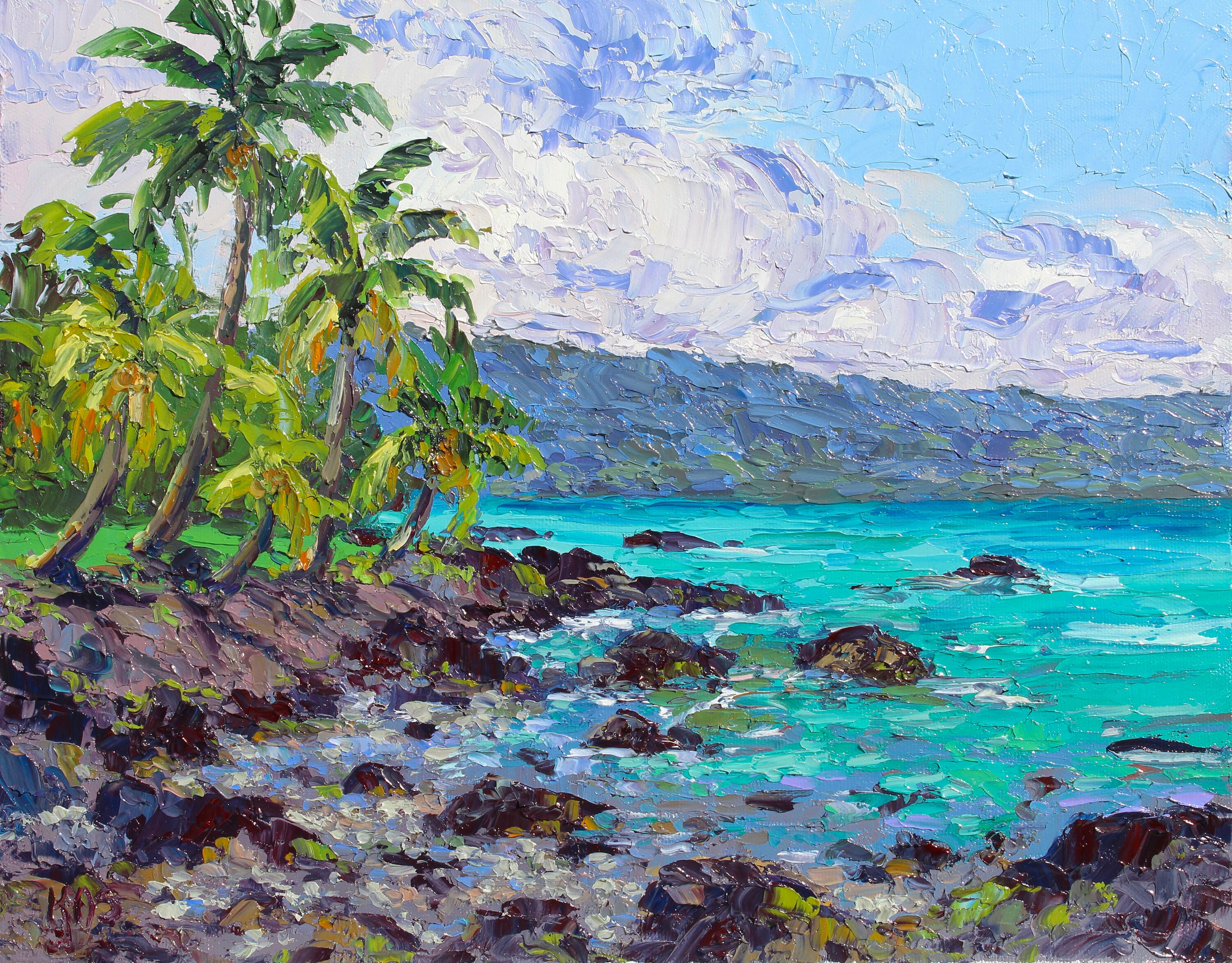 Lava Rock Sea Cove, an original 11" x 14" Hawaiian Big Island seascape oil painting on canvas with coconut palms and sea cove