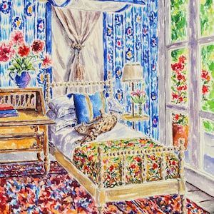 Was ist Blue Pussycat? Original 14 &quot;x 10&quot; Aquarell und Tuschemalerei einer Bengalkatze in einer farbenfrohen Wohnungsszene