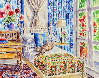 What&#39;s Blue Pussycat? n original 14&quot; x 10&quot; watercolor and ink painting of a Bengal cat in a colorful room scene