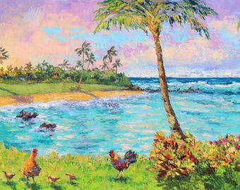 Bahía de Kukui'ula, Kauai. Pintura al óleo original de una familia de pollos al amanecer.