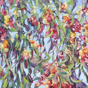 Gum Blossom Tree, an original 22&quot; x 28&quot; landscape oil painting on canvas with eucalyptus blossoms and leaves