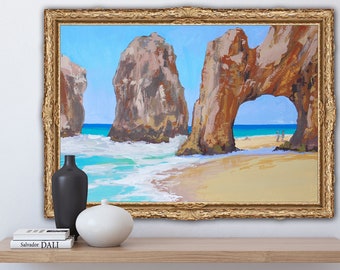 Lovers Beach Cabo San Lucas Original Gouache Painting - Sea Rocks - Seasacape Gouache Artwork