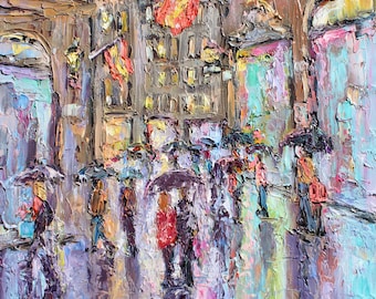 夜の街の油絵 オリジナルの街の風景画 都市景観アート 街の明かりの壁