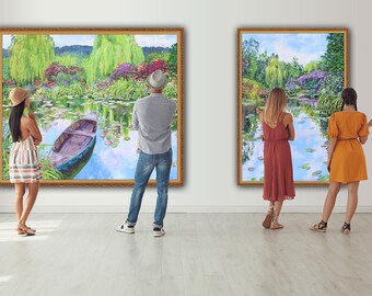 モネの庭のオリジナル油絵、睡蓮、ノルウェーのボート、現代風景