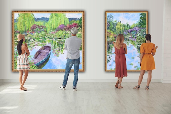 モネの庭のオリジナル油絵、睡蓮、ノルウェーのボート、現代風景