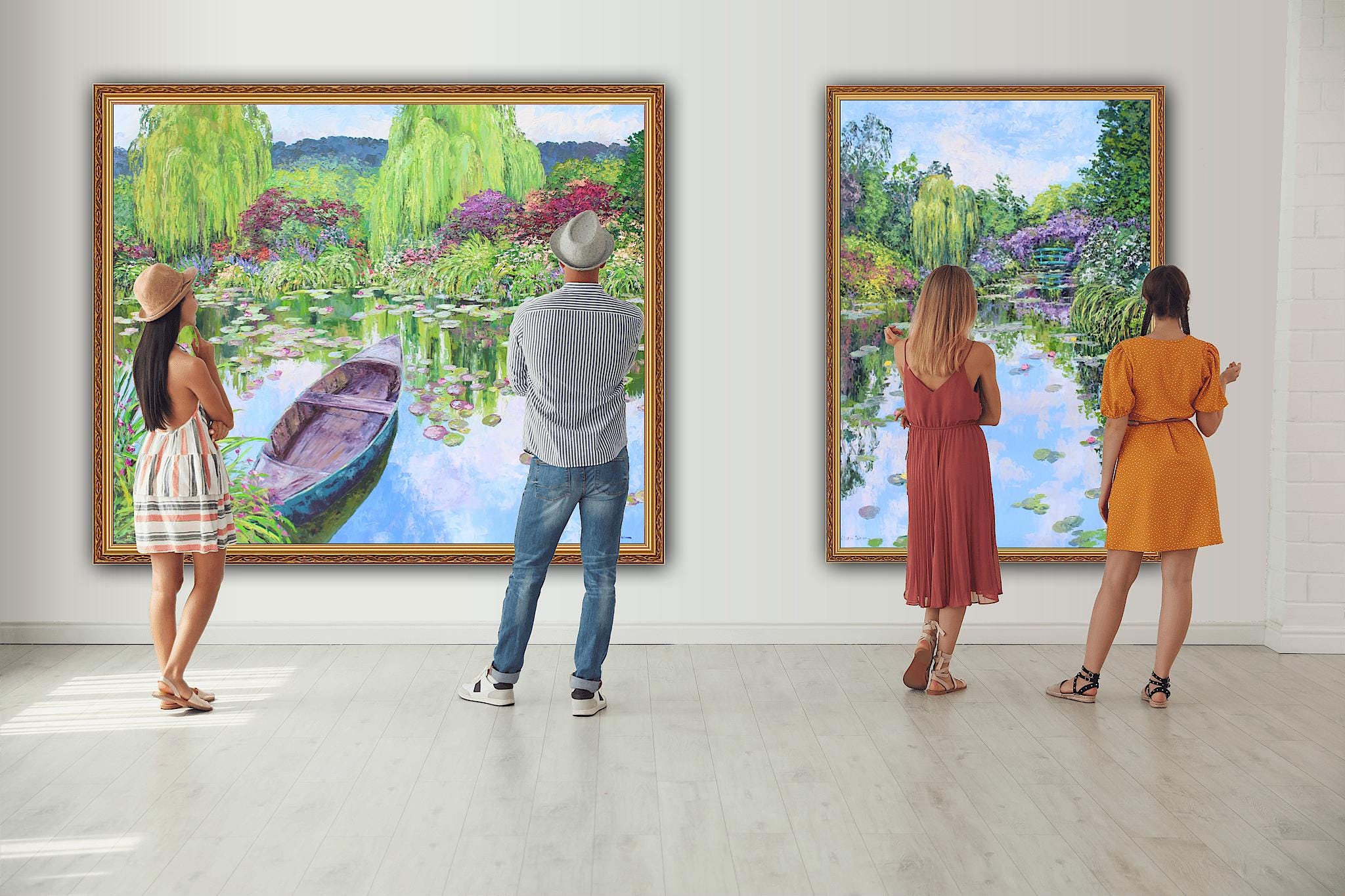 モネの庭のオリジナル油絵、睡蓮、ノルウェーのボート、現代風景