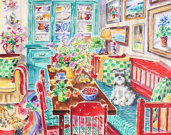 Freddy listo, original, gran Schnauzer acuarela en un colorido paisaje interior.