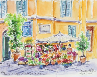 Tuscan Flower Stand and original watercolor and ink painting